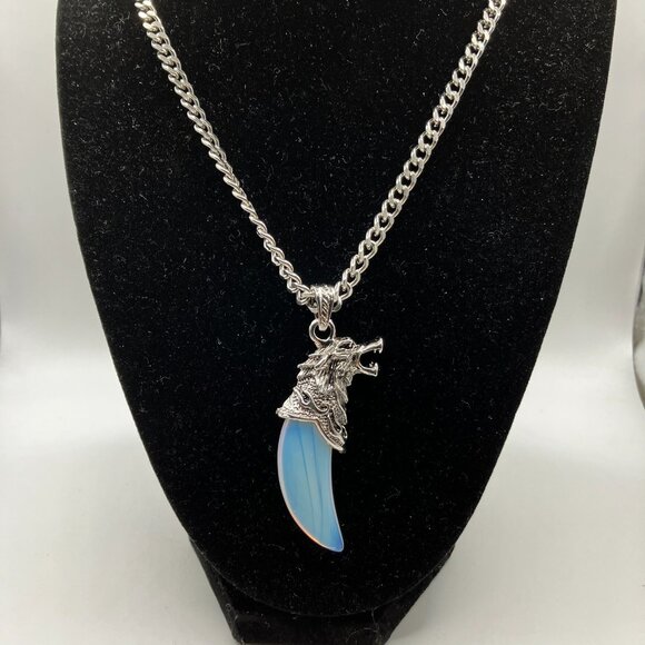 Opalite Gemstone Tusk with Men's Manly Chunky 20 inch Stainless Steel Chain NEW - Picture 4 of 12